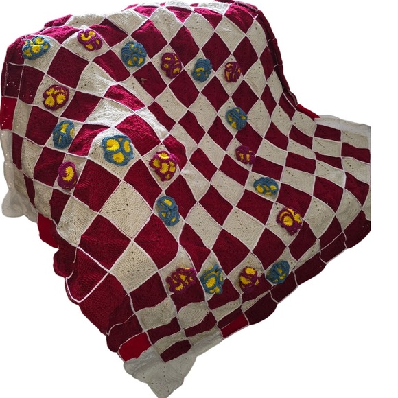 Other - Vintage Handmade Crochet Afghan Blanket Red Cream Checkered 3D Floral Applique
